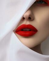 schoonheid vrouw rood retro mode stijl gezicht hand- lippenstift mode dame haar- sexy foto