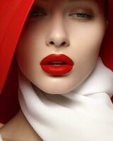 gezicht vrouw schoonheid retro lippenstift hand- mode rood brunette stijl dame foto