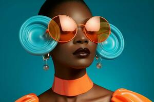 Afrikaanse vrouw zonnebril zwart schoonheid kleur portret bril modieus aantrekkingskracht haar- modieus Amerikaans foto