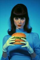 vrouw Hamburger hand- hamburger foto