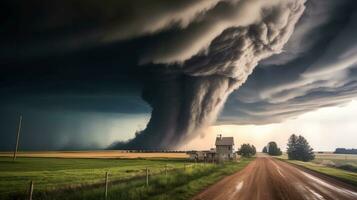 tornado in stormachtig landschap, donder storm, klimaat Wijzigen, natuurlijk ramp, generatief ai illustratie foto