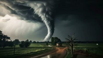 tornado in stormachtig landschap, donder storm, klimaat Wijzigen, natuurlijk ramp, generatief ai illustratie foto