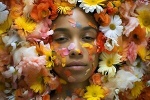 zomer weinig natuur voorjaar schattig groen bloemen gezicht bloemen kind concept portret meisje foto