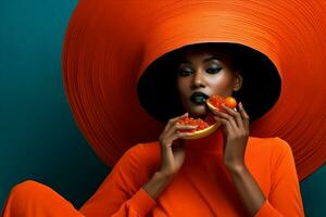 bedenken vrouw mode oranje papaja concept portret haar- een afro modieus zwart schoonheid hoofd foto