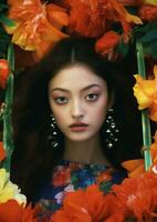vrouw wijnoogst bloem tropisch portret warm kleurrijk mode vrouw schoonheid bladeren Aziatisch vogel bloesem foto