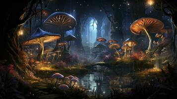 een grillig Woud met luminescent champignons van divers kleuren, feeën fladderend tussen de schimmels, vastleggen de fantasie en betovering van deze magisch rijk, illustratie, digitaal kunst, foto