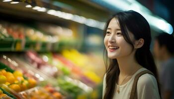 Azië vrouw delicaat gezicht schattig glimlach op zoek naar camera ai generatief foto