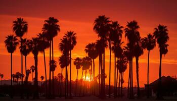 dramatisch palm boom silhouet van woestijn zonsondergang generatief ai foto