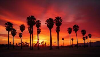 dramatisch palm boom silhouet van woestijn zonsondergang generatief ai foto