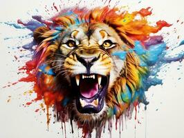 kleurrijk leeuw hoofd plons kunst met wit achtergrond ai generatief foto