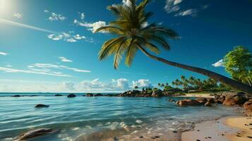 mooi tropisch paradijs zanderig strand en zee met palm bomen Bij kust toevlucht, kust vakantie concept, toerisme foto