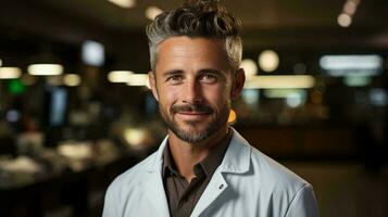 mannetje dokter apotheker in een wit jas Gezondheid arbeider in een apotheek verkoopt geneeskunde foto