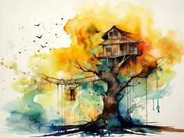 berg boom huis met vliegend vogel waterverf inkt plons kunst illustratie ai generatief foto