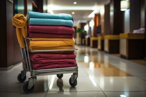 hotel hulp in de huishouding karretje, trolley met schoon handdoeken. kamer schoonmaak concept. foto