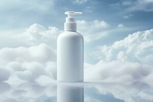 mockup van elegant lotion pomp fles Aan de achtergrond van helder wolken foto