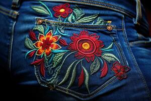 kleurrijk borduurwerk Aan de terug zak- van blauw jeans, borduurwerk bloemen abstract fantasie ontwerp luxe denim blauw jeans, ai gegenereerd foto
