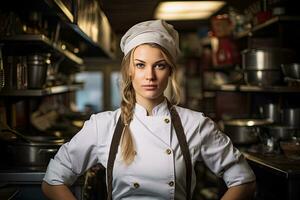 portret van een mooi jong vrouw in schort en chef hoed poseren in cafe, vrouw chef in keuken, ai gegenereerd foto