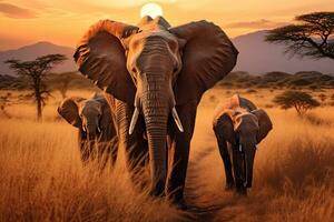 olifanten in amboseli nationaal park, Kenia, Afrika, olifanten wandelen door de gras in savanne. mooi dieren Bij de backdrop van bergen Bij zonsondergang, ai gegenereerd foto