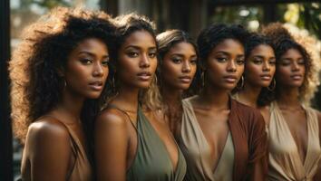 een verschillend groep van mooi Dames met natuurlijk schoonheid en gloeiend glad huid. ai gegenereerd foto