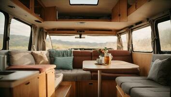 interieur van camper busje met mooi camper busje visie. ai gegenereerd foto