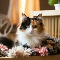 schattig calico kat wezen gekamd met een houten borstel in een knus instelling foto