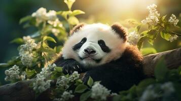 een baby panda dutten Aan een boom tak, omringd door weelderig groen foto