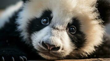 detailopname van een panda's gezicht met aanbiddelijk zwart en wit foto