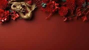 Chinese nieuw jaar rood achtergrond met goud draak met groot copyspace Oppervlakte foto