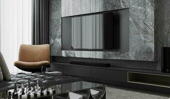 interieur van leeg ruimte voor leven langs met TV hangende Aan de marmeren muur, fauteuil, schaak weergegeven in de leven kamer, 3d renderen foto