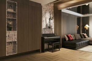 interieur van leven leeg ruimte met elektrisch piano, walll decor, modulair sofa met 3d renderen foto