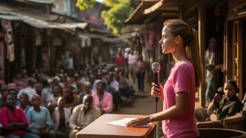 vrijwilliger vrouw in roze t-shirt sprekend in microfoon in voorkant van een menigte Afrikaanse lokaal mensen Bij dakar, Senegal. foto