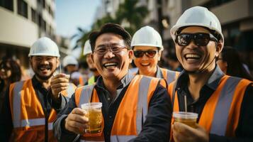 Aziatisch magazijn arbeiders drinken alcohol en tonen hun gelukkig van de succes van project en vieren samen. foto