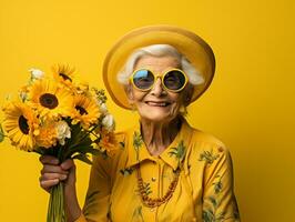 glimlachen senior vrouw in geel hoed en zonnebril poses met zonnebloem Aan gekleurde achtergrond foto