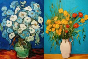 schilderij van een boeket van bloemen in een vaas, bloem artwork in busje van gogh stijl, ai gegenereerd foto