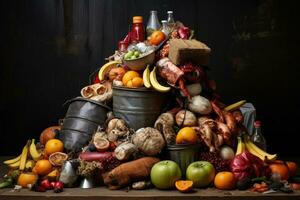 samenstelling met divers biologisch fruit en groenten Aan houten tafel over- donker achtergrond, voedsel afval, ai gegenereerd foto