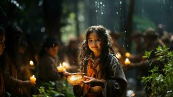 niet geïdentificeerd Aziatisch meisje verlichting kaarsen in een tempel in Chiang mei, Thailand. foto