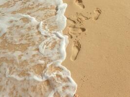 voetafdrukken in de zand Aan de kust Aan een warm zomer dag, foto