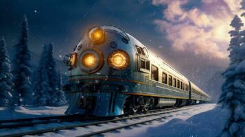 retrofuturistisch steampunk trein in hoog snelheid beweging, sneeuw, generatief ai foto