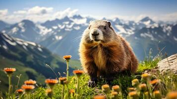 majestueus marmot een berg portret generatief ai foto