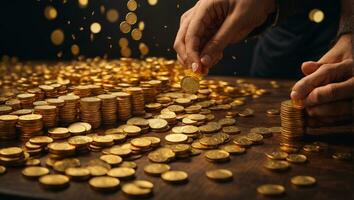 Mens zetten gouden munten Aan een bord vertegenwoordigen meerdere streams van inkomen. ai gegenereerd foto