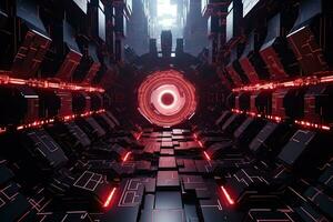 futuristische zwart en rood tunnel met gloeiend lichten 3d weergave, futuristische metaverse tunnel met veelhoek vormen en stroomkring planken, ai gegenereerd foto