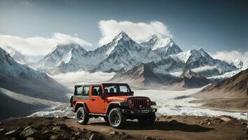 monteren Everest achtergrond met jeep. ai gegenereerd foto