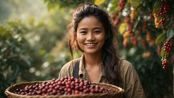 gelukkig vrouw akha heuvel na oogst arabica koffie bessen in mand hout Bij tuin.. ai gegenereerd foto