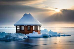 een klein hut zit Aan top van een ijs ijsschots. ai-gegenereerd foto