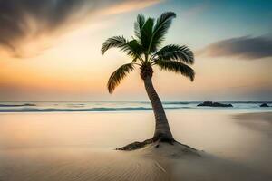 een palm boom staat Aan de strand Bij zonsondergang. ai-gegenereerd foto
