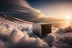 een houder zittend Aan top van een berg met wolken. ai-gegenereerd foto