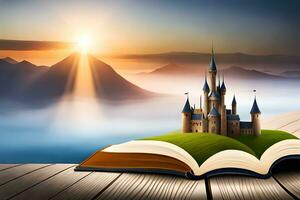 een Open boek met een kasteel Aan top van het. ai-gegenereerd foto