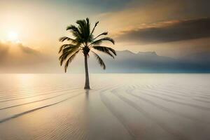 een eenzaam palm boom staat in de midden- van een strand. ai-gegenereerd foto