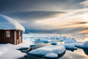 een klein cabine is omringd door ijs en sneeuw. ai-gegenereerd foto