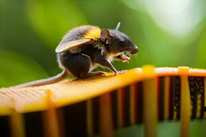 een klein muis met een geel en zwart hoofd zittend Aan top van een houten stoel. ai-gegenereerd foto